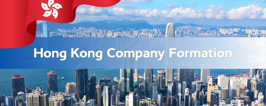 A view of Hong Kong's skyline with skyscrapers and harbor, featuring the Hong Kong flag and the text 'Hong Kong Company Formation' at the bottom.