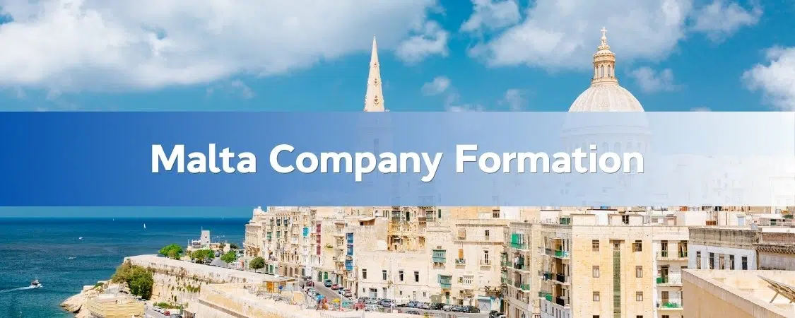 Panoramic view of Valletta, Malta’s historic waterfront with domed church and spire under a blue sky, overlaid with the title ‘Malta Company Formation’