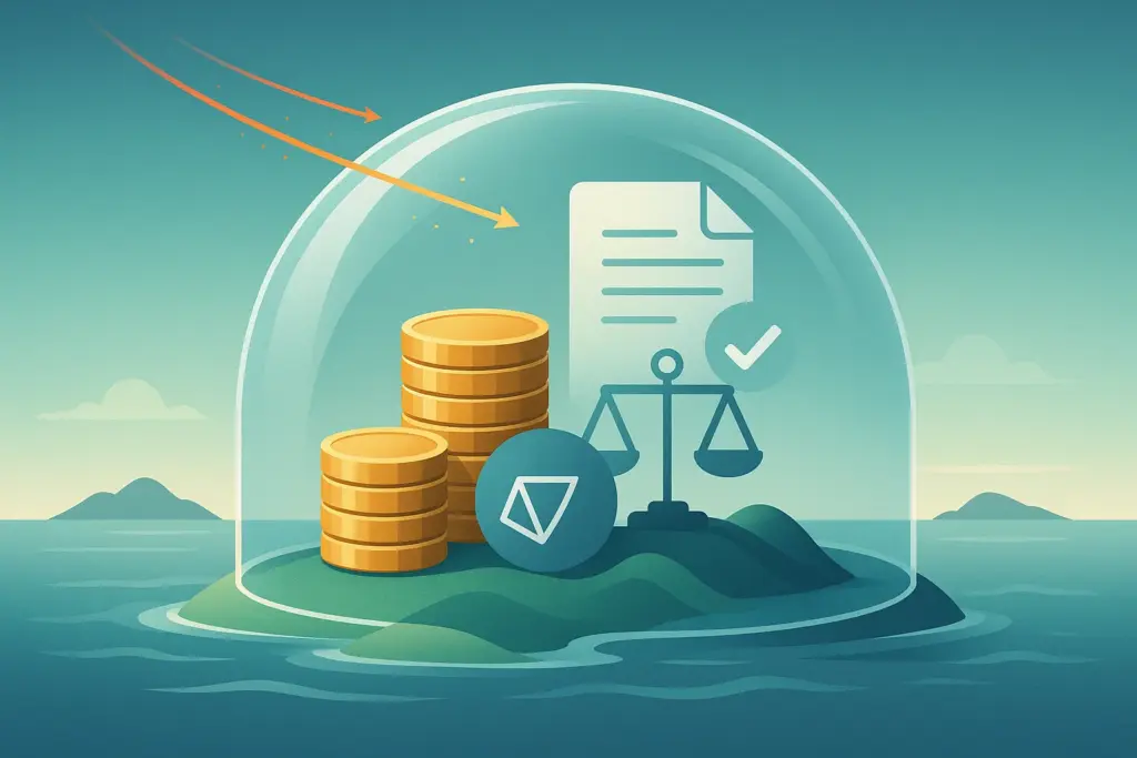 Offshore asset protection with coins, legal document, and scales under glass dome on island