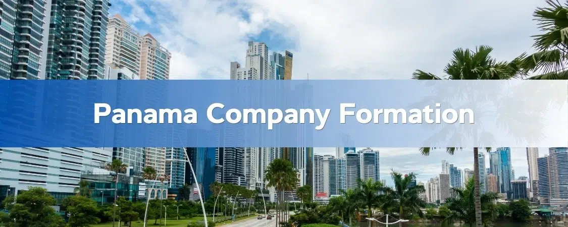 Panoramic view of modern skyscrapers in Panama City with the text 'Panama Company Formation' overlaid.