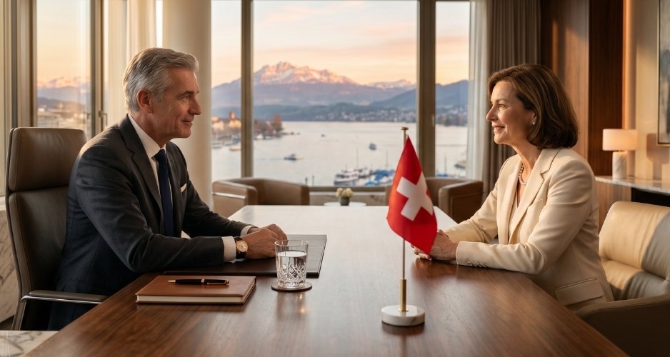 Ultra-realistic Swiss private banking meeting in luxury Zurich office with Swiss flag and alpine view