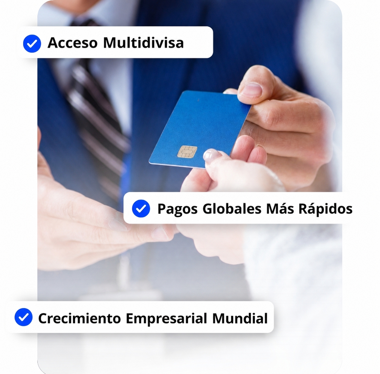 Un empresario con traje entregando una tarjeta corporativa azul a un cliente, simbolizando un proceso más rápido de apertura de cuenta bancaria offshore y soluciones de pago para negocios internacionales.